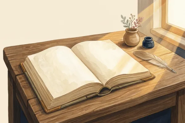 Aufgeschlagenes antikes Buch mit Federkiel auf einem Holztisch zur Herkunft des Namens Gabriel.