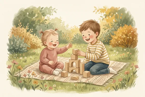 Geschwisternamen zu Greta: Zwei Kinder spielen im sonnigen Garten und bauen gemeinsam einen Turm aus Holzbausteinen.