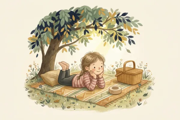 Ein Mädchen hört auf einer Picknickdecke im Garten eine Geschichte – Hörgeschichte mit dem Namen Hannah