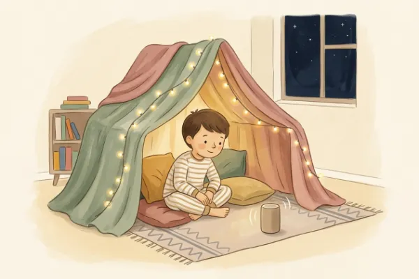 Ein Junge hört im Kinderzimmer unter Lichterketten eine Geschichte – Hörgeschichte mit dem Namen Hannes