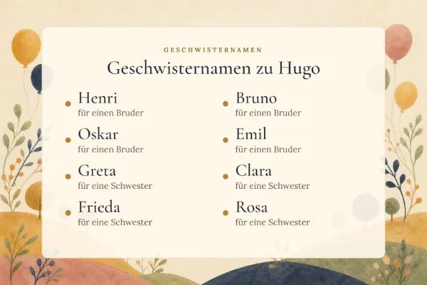 Geschwisternamen zum Vornamen Hugo: Henri, Bruno, Oskar, Emil, Greta, Clara, Frieda, Rosa