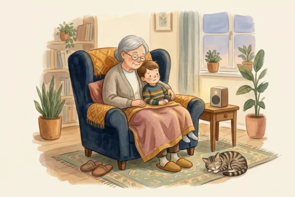 Ein Junge hört mit Oma oder Opa im Sessel eine Geschichte – Hörgeschichte mit dem Namen Hugo