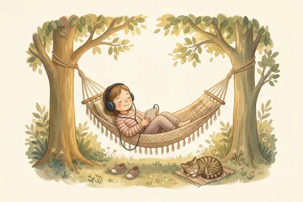 Ein Mädchen hört in der Hängematte im Garten eine Geschichte – Hörgeschichte mit dem Namen Ida