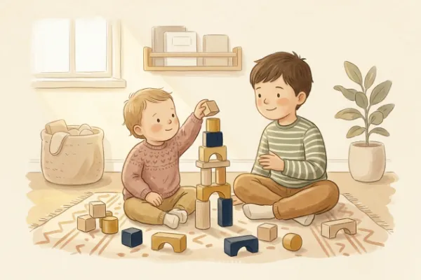 Zwei Geschwisterkinder bauen gemeinsam mit Holzbausteinen, Illustration für Geschwisternamen zu Ilias