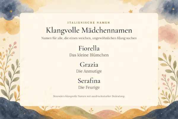 Drei Namenskarten mit den italienischen Mädchennamen Fiorella, Grazia und Serafina sowie deren Bedeutungen.