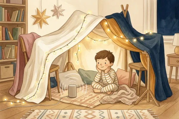 Ein Junge hört im Kinderzimmer unter Lichterketten eine Geschichte – Hörgeschichte mit dem Namen Jakob