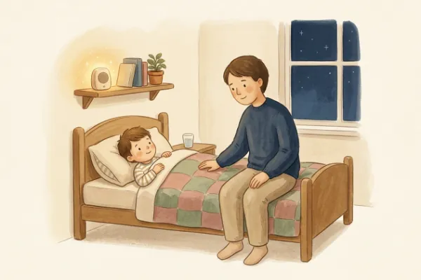 Ein Junge hört abends im Bett mit Mama oder Papa eine Geschichte – Hörgeschichte mit dem Namen Jannik