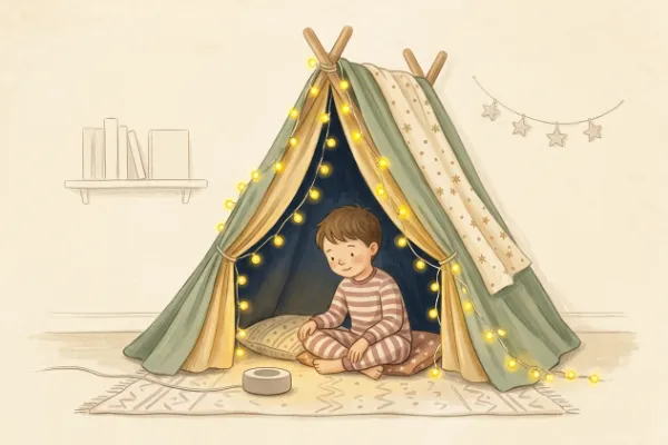 Ein Junge hört im Kinderzimmer unter Lichterketten eine Geschichte – Hörgeschichte mit dem Namen Johann