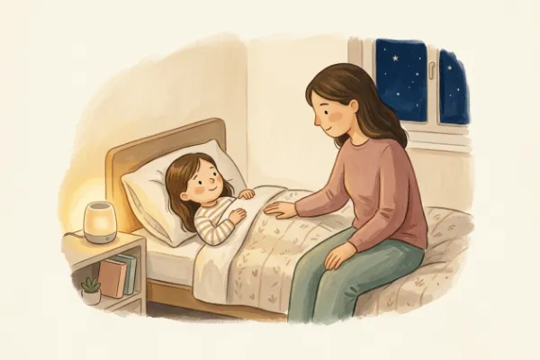 Ein Mädchen hört abends im Bett mit Mama oder Papa eine Geschichte – Hörgeschichte mit dem Namen Johanna