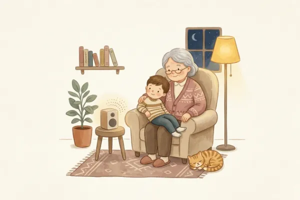 Ein Junge hört mit Oma oder Opa im Sessel eine Geschichte – Hörgeschichte mit dem Namen Jonathan