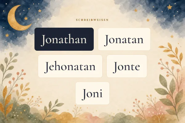Der Vorname Jonathan in verschiedenen Schreibweisen: Jonathan, Jonatan, Jehonatan, Jonte, Joni