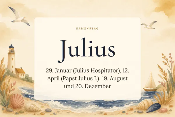 Karte zum Namenstag von Julius: 29. Januar (Julius Hospitator), 12. April (Papst Julius I.), 19. August und 20. Dezember