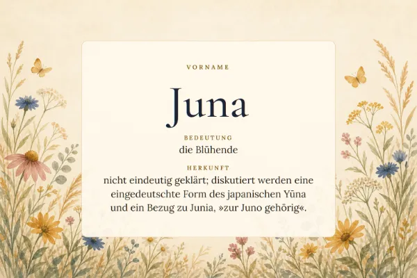 Namensgrafik zum Vornamen Juna: Bedeutung „die Blühende“