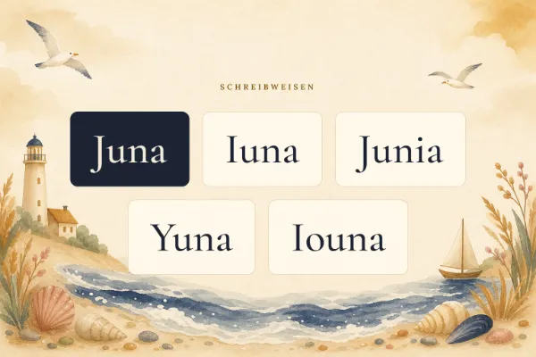 Der Vorname Juna in verschiedenen Schreibweisen: Juna, Iuna, Junia, Yuna, Iouna