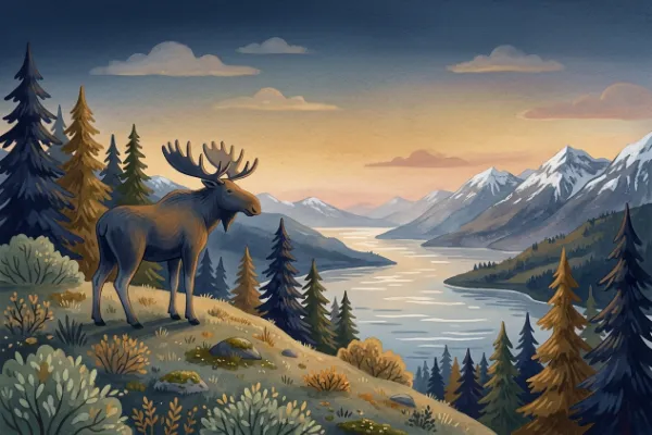 Illustration mit Elch, Fjord und Schnee als Symbol für nordische Jungennamen