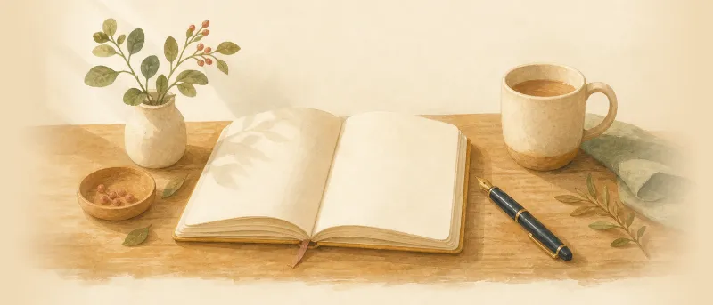 Aufgeschlagenes Notizbuch mit Füllfederhalter und Kaffeetasse auf einem Holztisch, Titelbild für die Jungennamen-Liste