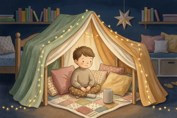 Ein Junge hört im Kinderzimmer unter Lichterketten eine Geschichte – Hörgeschichte mit dem Namen Justus