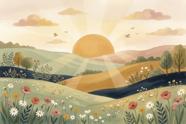 Illustration einer Sonne am Morgenhimmel als Bild für die Bedeutung des Namens Kira
