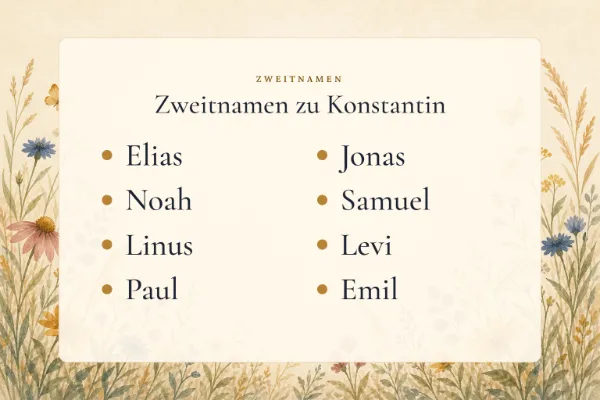Zweitnamen zum Vornamen Konstantin: Elias, Jonas, Noah, Samuel, Linus, Levi, Paul, Emil