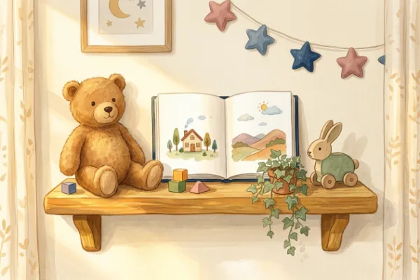Gemütliches Kinderzimmerregal mit Kuscheltier und Bilderbuch im warmen Sonnenlicht – Kosenamen fürs Kind.