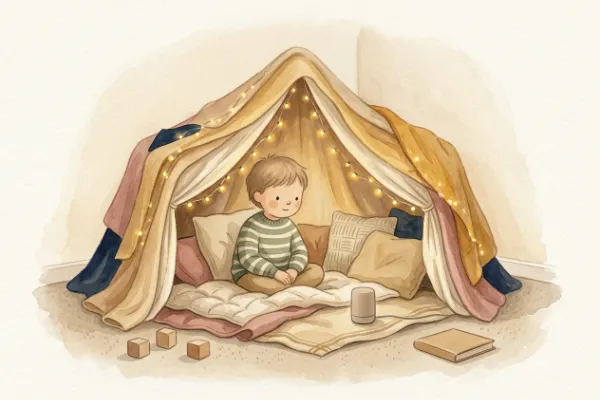 Ein Kind hört im Kinderzimmer unter Lichterketten eine Geschichte – Kurze Jungennamen