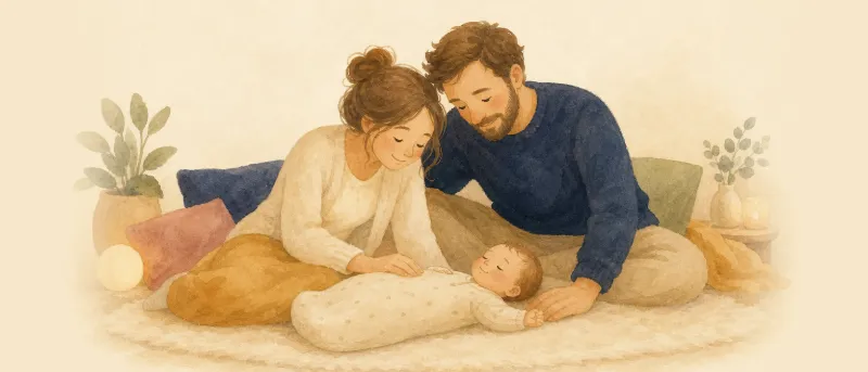 Eltern betrachten liebevoll ihr neugeborenes Baby – Inspiration für kurze Jungennamen im warmen Licht.