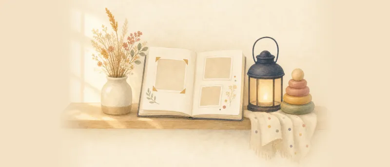 Babyalbum und Deko auf einem Holzregal im gemütlichen Kinderzimmer – Inspiration für kurze Mädchennamen.