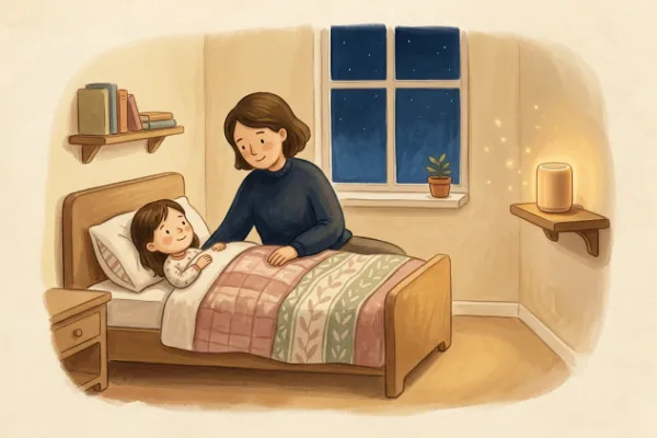 Ein Mädchen hört abends im Bett mit Mama oder Papa eine Geschichte – Hörgeschichte mit dem Namen Lara