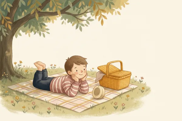 Ein Junge hört auf einer Picknickdecke im Garten eine Geschichte – Hörgeschichte mit dem Namen Lasse