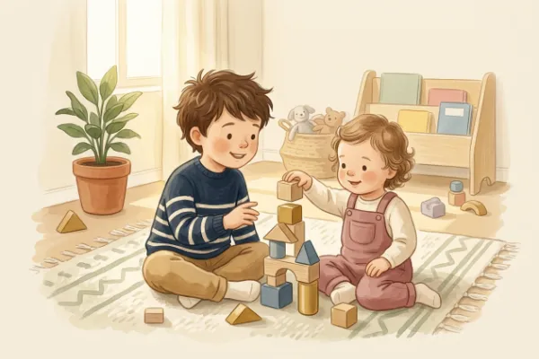 Zwei kleine Geschwister spielen gemeinsam mit Holzbausteinen – passende Namen wie Laura und Luca.