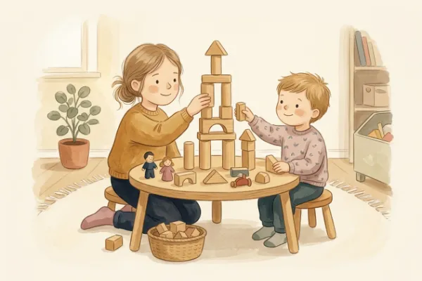 Zwei Geschwisterkinder bauen am Holztisch gemeinsam einen Turm aus Bauklötzen – Geschwisternamen zu Lea.