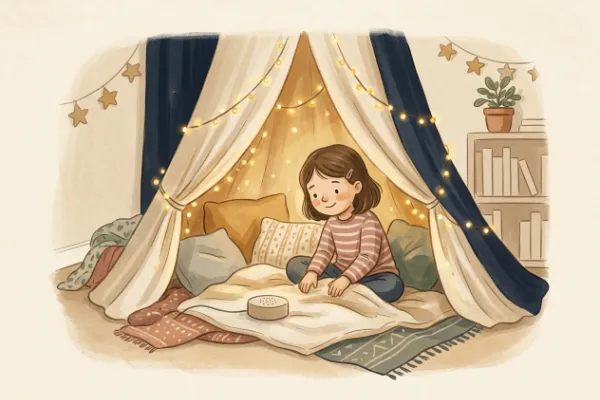 Ein Mädchen hört im Kinderzimmer unter Lichterketten eine Geschichte – Hörgeschichte mit dem Namen Lea
