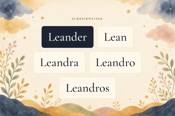 Der Vorname Leander in verschiedenen Schreibweisen: Leander, Lean, Leandra, Leandro, Leandros