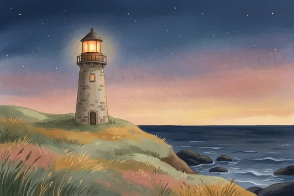 Illustration eines Leuchtturms am Meer mit warmem Licht als Motiv zur Hörprobe mit dem Namen Leander