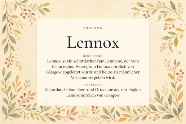 Namensgrafik zum Vornamen Lennox: Bedeutung „Lennox ist ein schottischer Familienname, der vom historischen Herzogtum Lennox nördlich von Glasgow abgeleitet wur