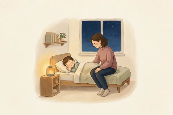 Ein Junge hört abends im Bett mit Mama oder Papa eine Geschichte – Hörgeschichte mit dem Namen Leonard