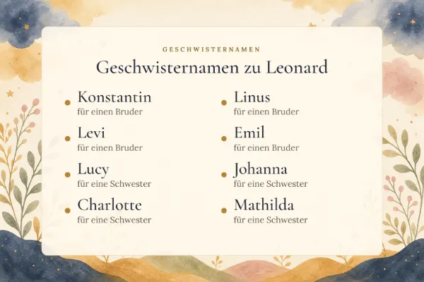 Geschwisternamen zum Vornamen Leonard: Konstantin, Linus, Levi, Emil, Lucy, Johanna, Charlotte, Mathilda