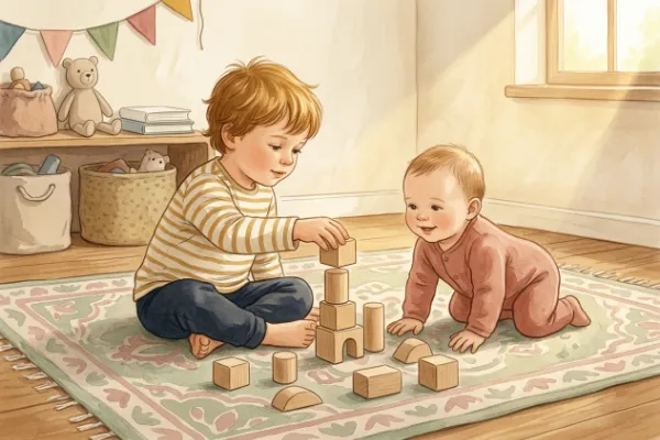 Zwei Geschwisterkinder spielen mit Holzbausteinen auf der Krabbeldecke – Ideen für passende Geschwisternamen zu Levi.