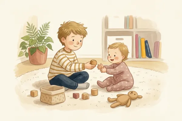 Zwei Geschwister spielen liebevoll mit Holzbausteinen auf dem Teppich – passende Geschwisternamen zu Liam.