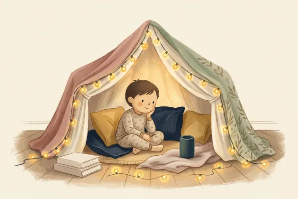Ein Kind hört im Kinderzimmer unter Lichterketten eine Geschichte – Hörgeschichte mit dem Namen Lian