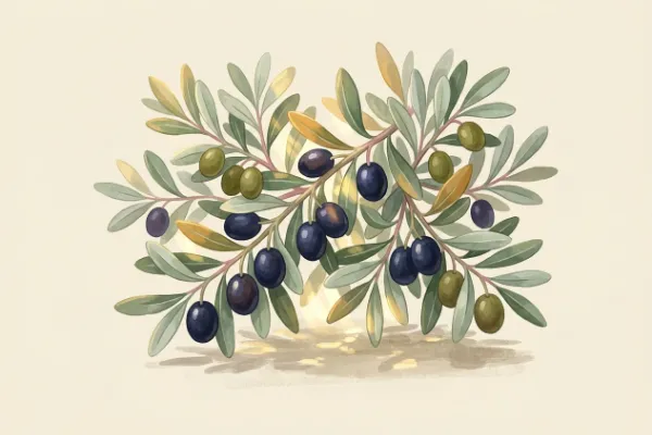 Illustration eines Olivenzweigs mit Früchten als Bild für die Herkunft des Namens Livia aus dem lateinischen oliva