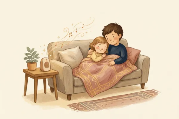 Ein Mädchen hört mit dem Geschwisterkind auf dem Sofa eine Geschichte – Hörgeschichte mit dem Namen Lotta