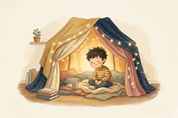 Ein Junge hört im Kinderzimmer unter Lichterketten eine Geschichte – Hörgeschichte mit dem Namen Louis