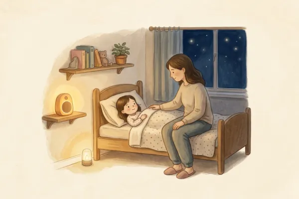Ein Mädchen hört abends im Bett mit Mama oder Papa eine Geschichte – Hörgeschichte mit dem Namen Louisa