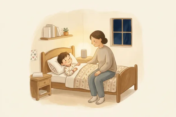 Ein Junge hört abends im Bett mit Mama oder Papa eine Geschichte – Hörgeschichte mit dem Namen Luca