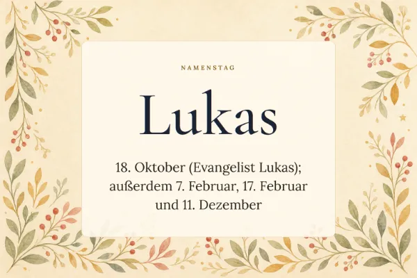 Karte zum Namenstag von Lukas: 18. Oktober (Evangelist Lukas); außerdem 7. Februar, 17. Februar und 11. Dezember