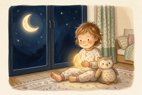 Kleinkind mit Laterne am Fenster in einer Mondnacht mit Sternen – passend zur Bedeutung des Namens Luna.