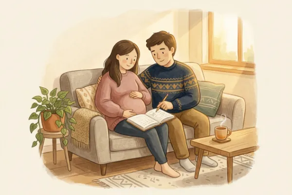 Werdende Eltern sitzen auf dem Sofa mit einem Notizbuch und überlegen gemeinsam passende Mädchennamen mit A.