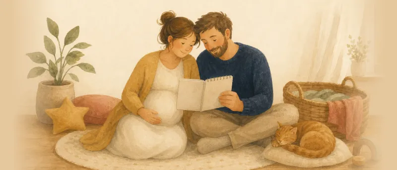 Werdende Eltern sitzen im gemütlichen Kinderzimmer und suchen im Notizbuch nach dem passenden Mädchennamen.
