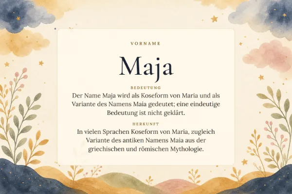 Namensgrafik zum Vornamen Maja: Bedeutung „Der Name Maja wird als Koseform von Maria und als Variante des Namens Maia gedeutet; eine eindeutige Bedeutung ist ni